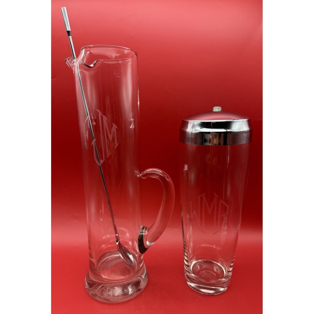 MCM Vintage Glass Cocktail Pitcher & Shaker Monogrammed Retro
